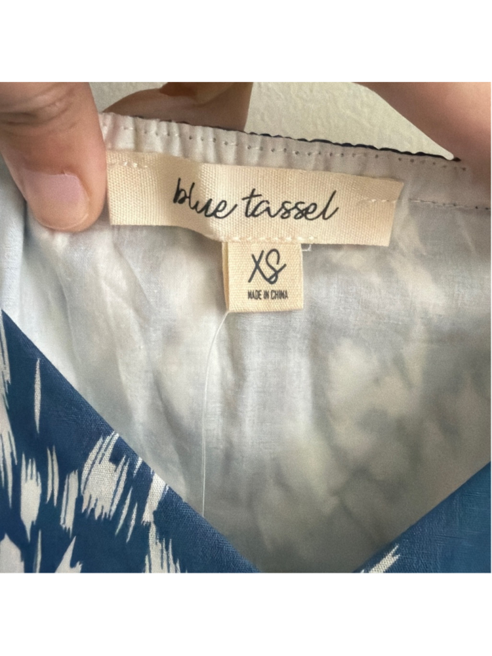 Women's Blue Tassel Blue White Ikat Print Mini Dress XS - Picture 3 of 4